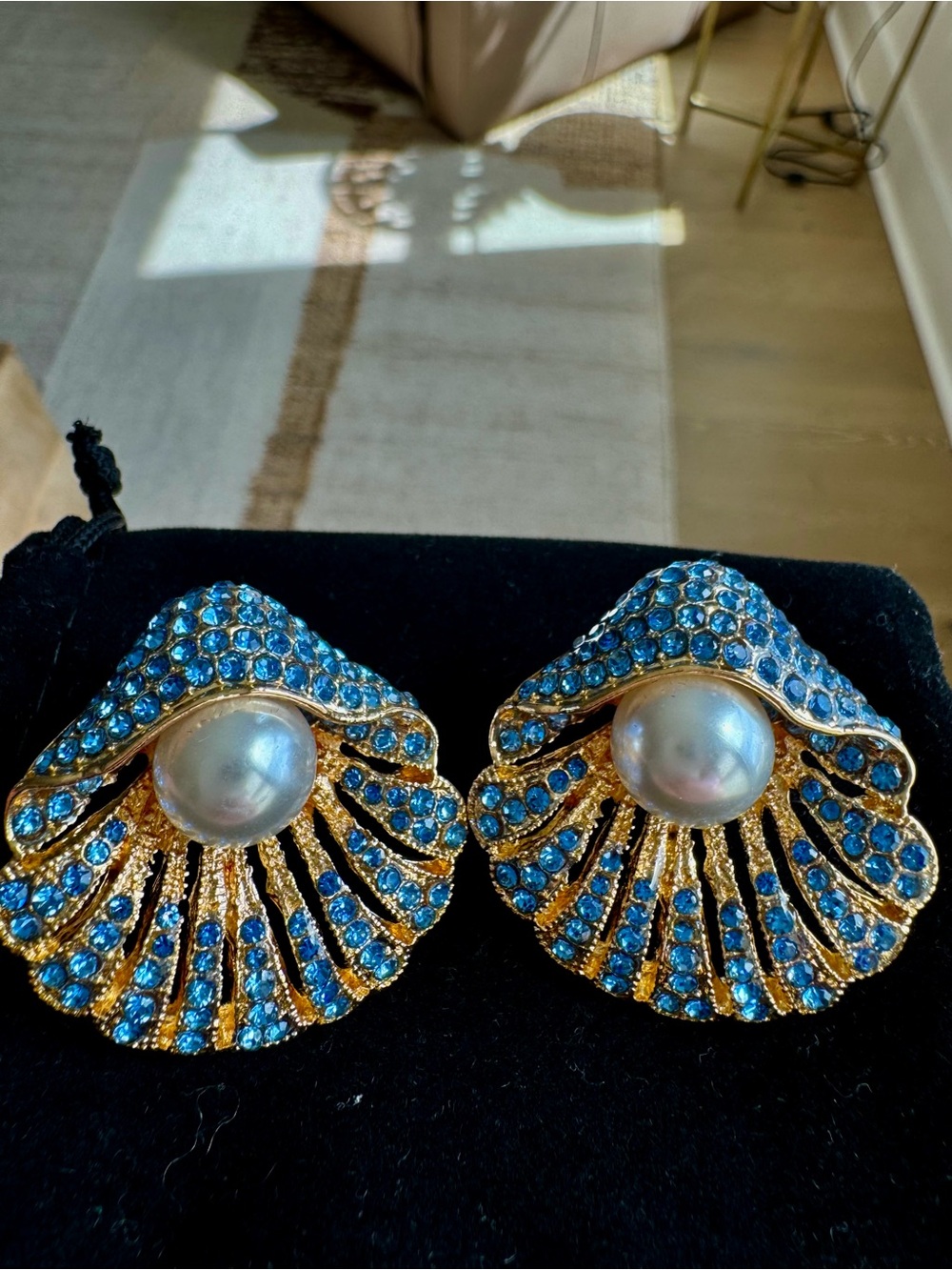 Gold-Tone Blue Crystal Shell Pearl Earrings